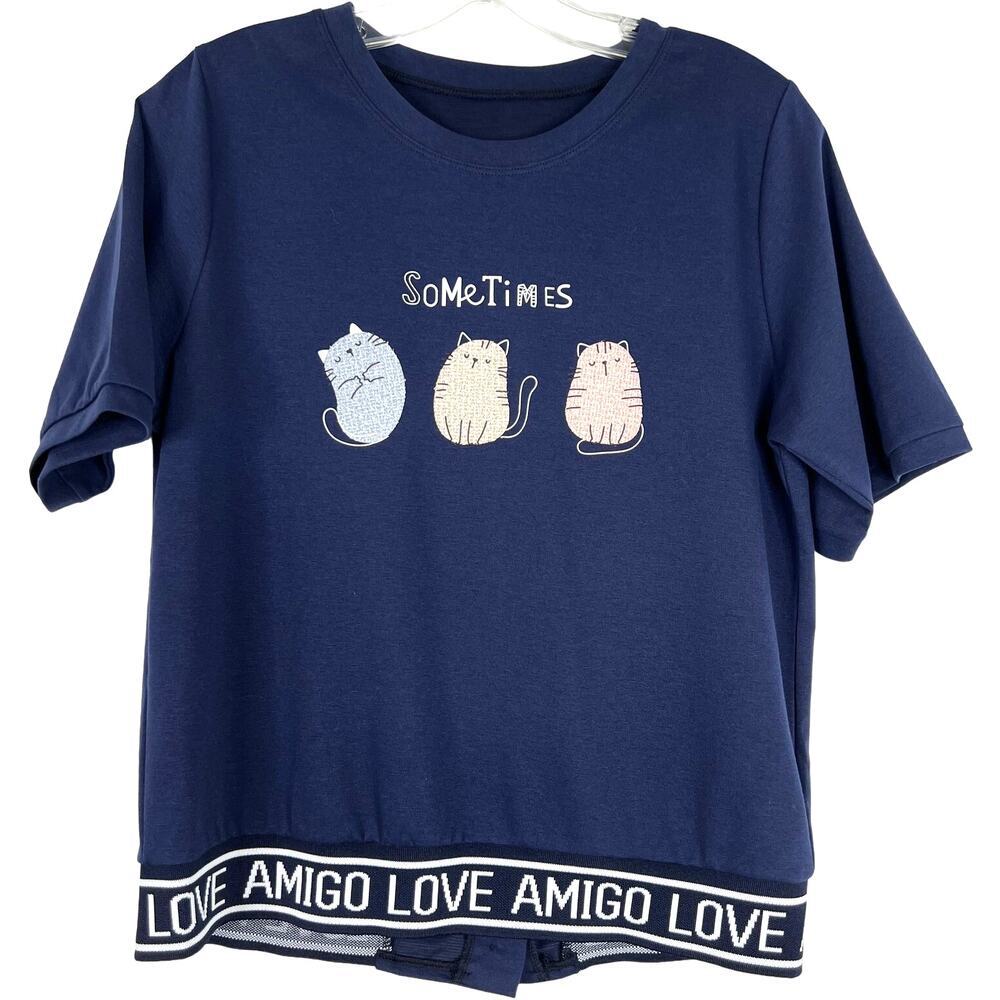 Sometimes Three Cats T-Shirt Cat Novelty Print Amigo-Love Hem Blue Top Size S